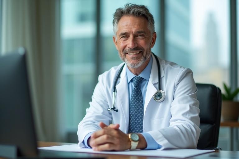 An elegant and sophisticated male doctor in modern consulting room. He appears between 50 and 55 years old with symmetrical features and is very handsome. The doctor has light skin and a natural glow. Professional demeanor with a slight smile. He is wearing an elegant white coat over a stylish shirt and tie. Dark blue stethoscope hanging over his shoulders. The office is modern with a panoramic glass view of Manhattan. Warm hues and a well-lit environment enhance the atmosphere.