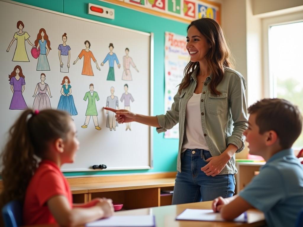 The image features a classroom scene where a woman stands in front of a whiteboard. She is engaging with two children seated at a desk. The whiteboard displays colorful drawings of different dresses. The classroom is bright and cheerful, suggesting a positive learning environment. The children seem to be engaged and interested in what the teacher is explaining. The teacher's expression is friendly and encouraging, enhancing the sense of a supportive educational setting.