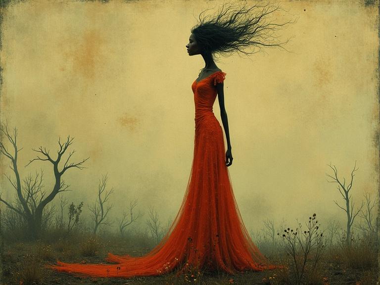 A skinny woman stands silently in a surreal landscape. She wears a flowing red dress that drags behind. The background is foggy with barren trees. Hair moves dramatically as if blown by the wind.