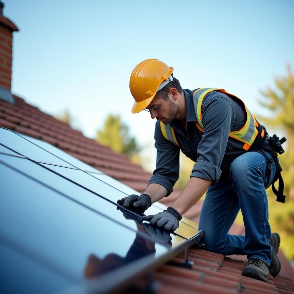 Image shows technician installing solar panels on the roof of a house. The technician wears a safety helmet and reflective vest. Skylights are visible and the roof is red. Trees appear in the background.