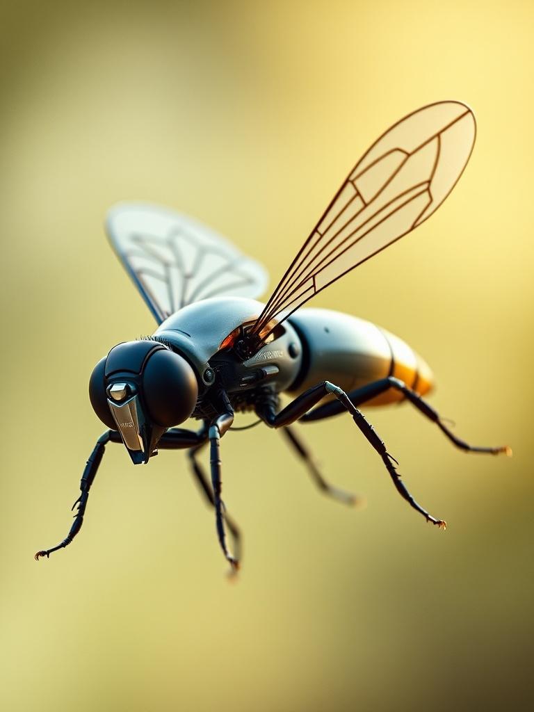 This image features a highly detailed mechanical insect resembling a wasp or bee. The craftsmanship reveals intricate wing patterns, metallic legs, and a sleek, engineered body, floating against a softly blurred golden background that accentuates its form. The combination of nature and technology evokes a sense of wonder and futuristic innovation.