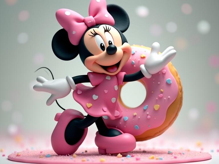 Minnie Mouse character dancing on a large frosted donut with a joyful expression. Colorful and playful atmosphere.