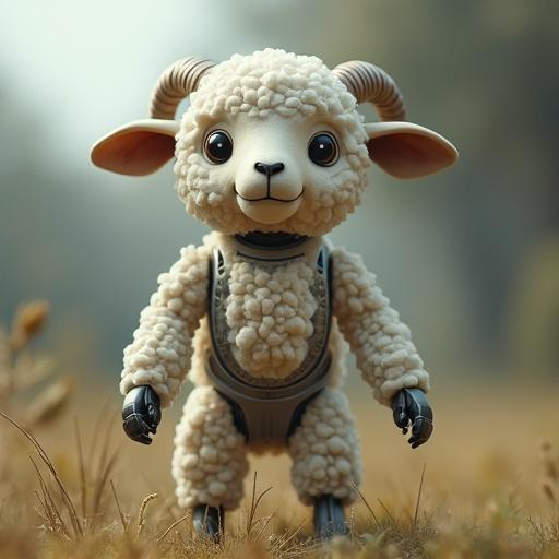 A cute, mechanical robot lamb with fluffy texture and friendly expression. Designed for children's toys with a futuristic touch. The robot features movable limbs and a soft body design.