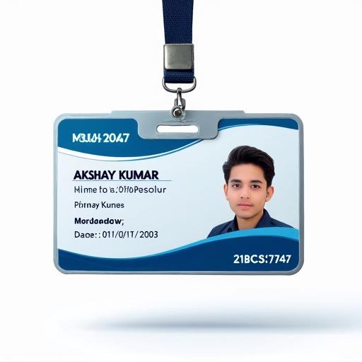 Image of student ID card. Blue and white design. Name and ID number visible. Lanyard attached. Contains details like university name and date of birth.
