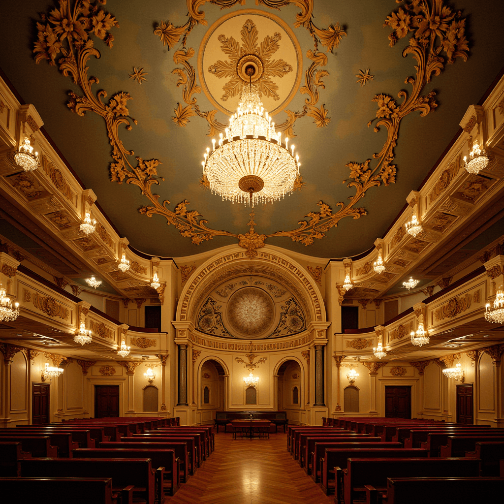 An ornate concert hall with intricate decorations and a grand chandelier hanging from the ceiling.