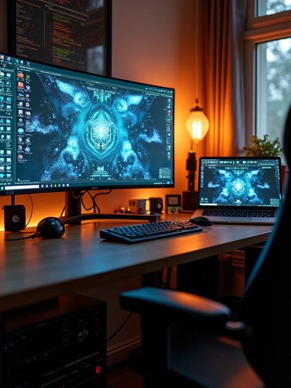 Desk set up for an electronic engineer. Features two monitors. Warm lighting enhances the workspace. A comfortable chair is present. Organized desktop with keyboard and devices.