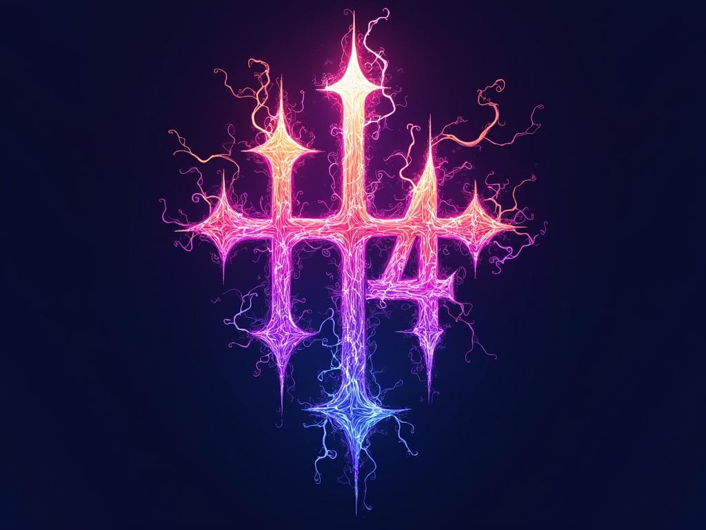 A vibrant and brilliant logo featuring only purple, blue, and red colors, showcasing a dynamic gothic styled 'H4' at the center. The design is surrounded by streams of energy, all elements infused with a liquid or fluidic feeling.
