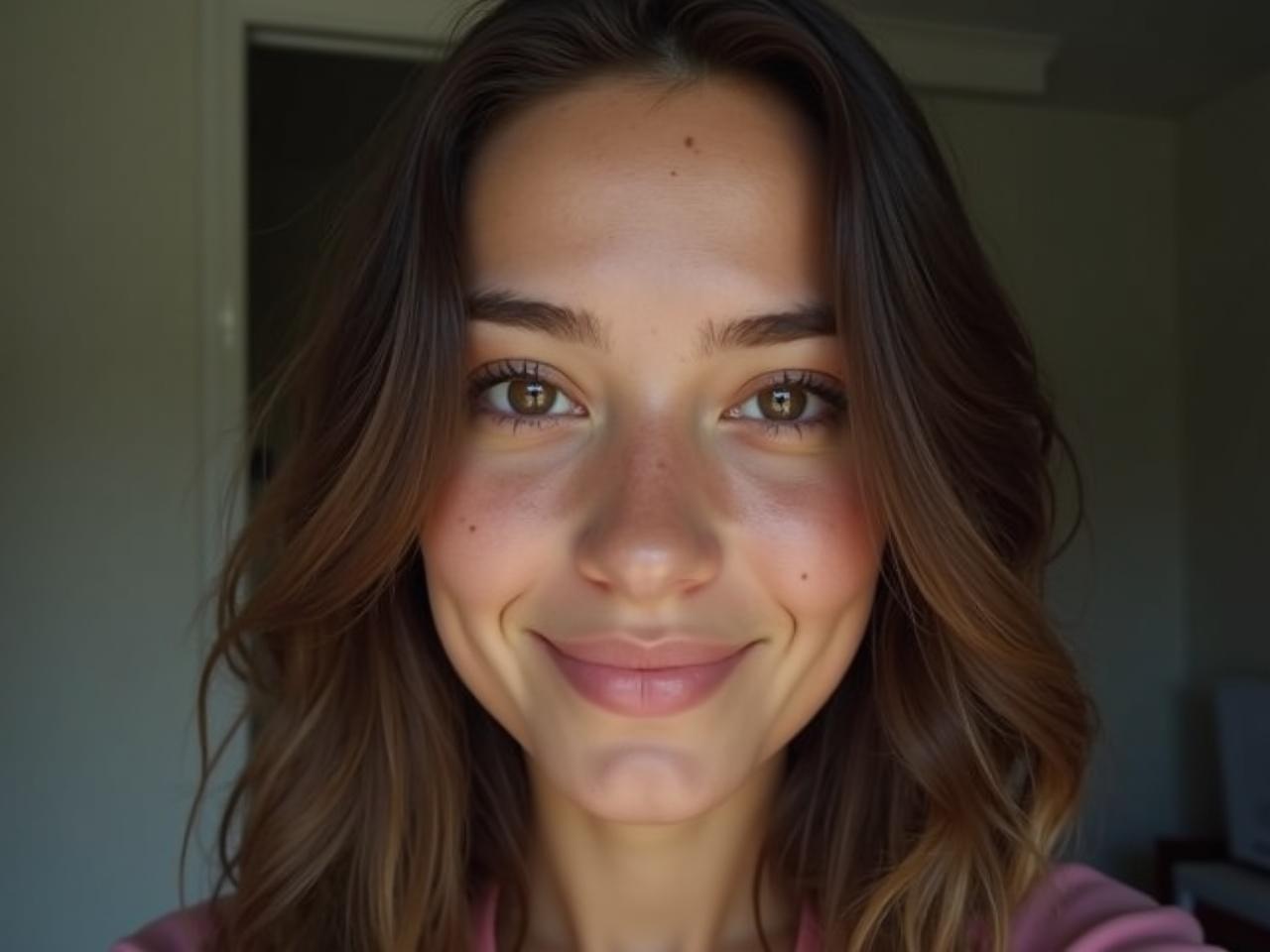 This image features a realistic selfie of a young woman around 21 years old. She is looking directly at the camera with a neutral and relaxed expression. The background is softly blurred, drawing attention to her face. The natural lighting highlights her detailed skin texture, making her features pop. Her eyes appear true to life, capturing the simplicity of everyday moments, resembling a casual amateur Snapchat picture in high-resolution.