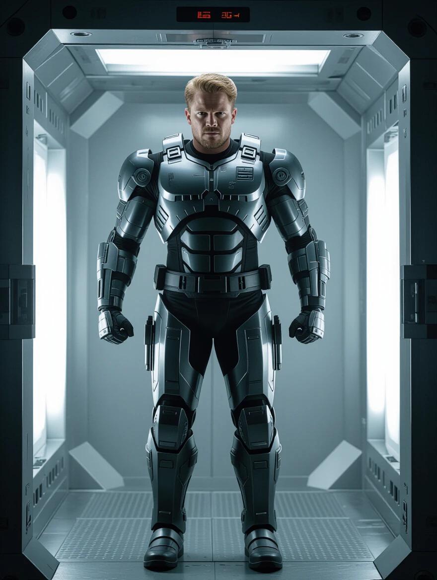 Sam Heughan plays a soldier in a conversion chamber. The chamber transforms him into an armored cyborg. The soldier has a massive muscular physique. The scene is set in a high-tech environment.