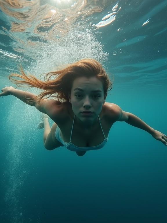 A beautiful woman swims underwater wearing a swimsuit. The image captures the tranquility and beauty of the underwater environment.
