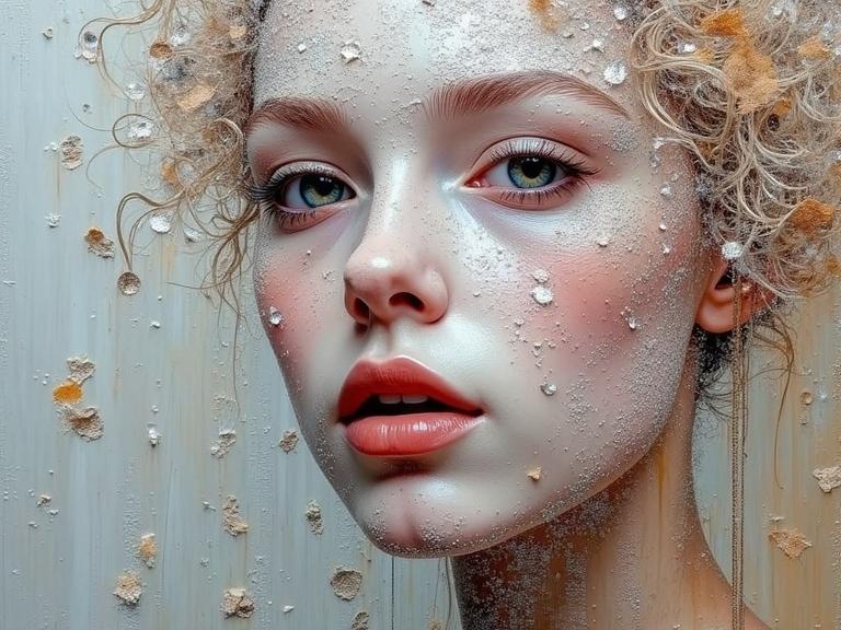 Close-up portrait of a young woman featuring intricate textures on her skin. Textures include milk splashes and mixed media elements like newspaper and jute fibres. Art employs a bioluminescent effect to enhance beauty and fantasy elements. Colors are soft and ethereal, focusing on the detailed features of the face.