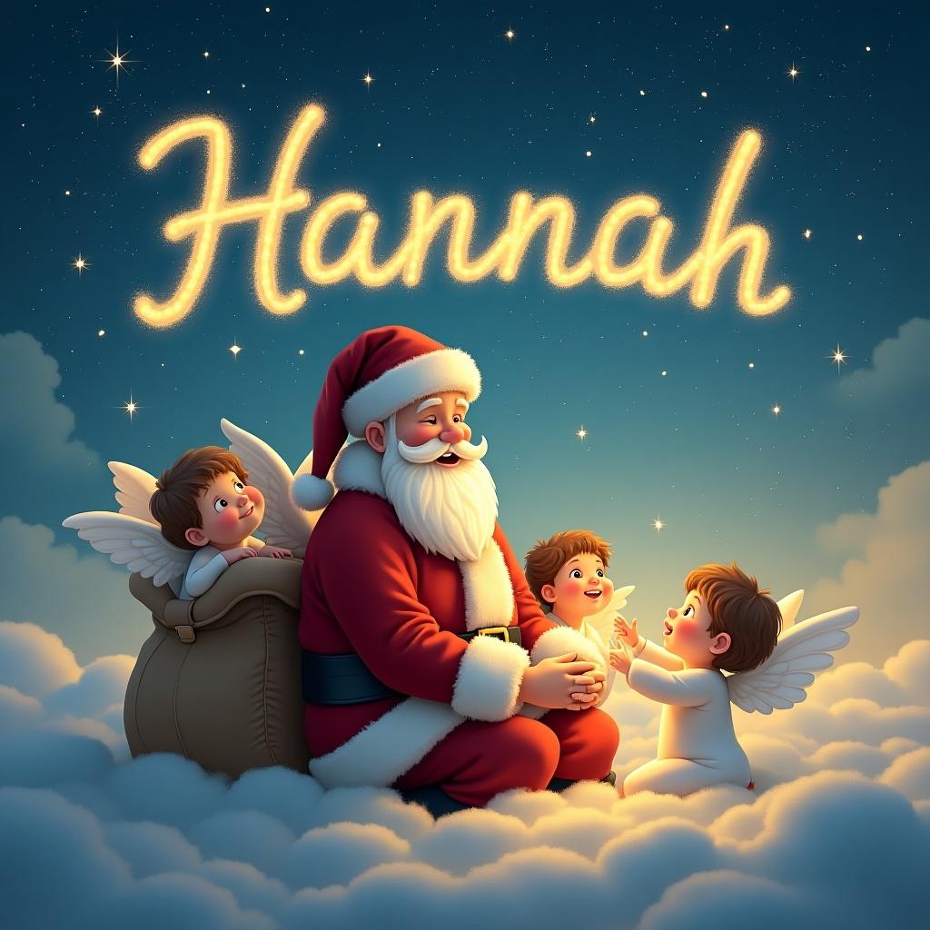 The image depicts Santa Claus sitting on a fluffy cloud surrounded by baby angels. Santa is joyfully writing the name 'Hannah' in sparkling light across the sky, creating a festive and magical atmosphere. The angels, with their small wings, are looking up at him with delight. The background features a deep blue sky filled with soft clouds, enhancing the dreamy quality of the scene. This image encapsulates the essence of Christmas, joy, and love.