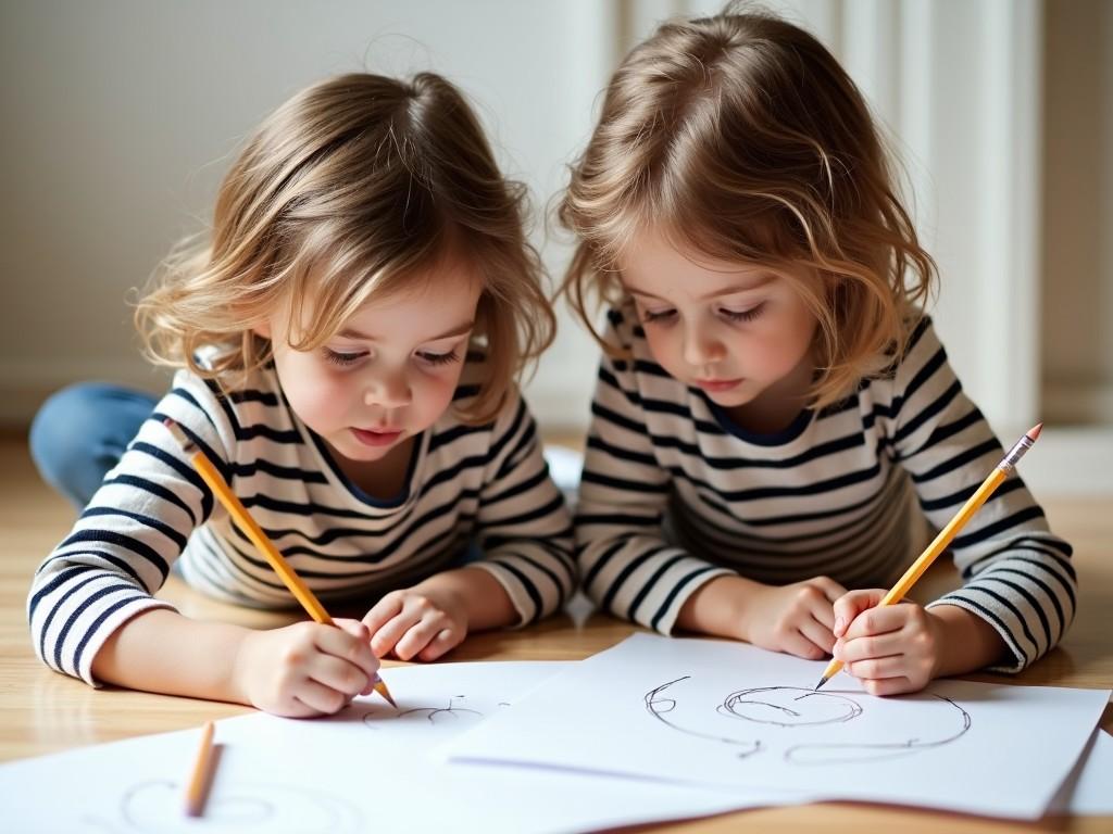 This heartwarming image portrays two young children engrossed in drawing with pencils. They are lying on the floor amidst scattered sheets of paper, each focused intently on their artwork. Their matching striped shirts add a touch of charm, while the ambient natural lighting gives the scene a warm, serene atmosphere, highlighting the joy of childhood creativity.