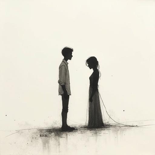 Two humans interact in a melancholic scene. Monochrome sketch uses delicate ink lines on textured paper. The mood is serene and inspired by traditional Asian brushwork.