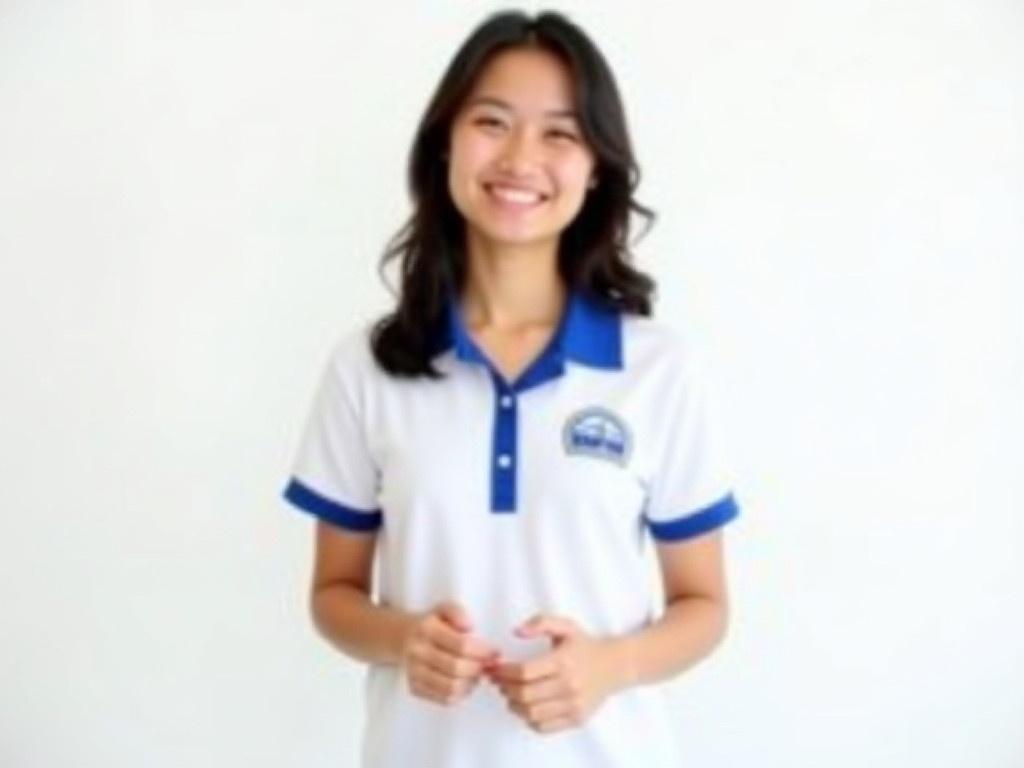 The image shows a young woman standing in front of a plain white background. She is wearing a white shirt with a blue collar and matching blue accents. The shirt has a small emblem on it. Her posture is relaxed with her hands positioned slightly in front of her. The overall vibe of the image is casual and academic.