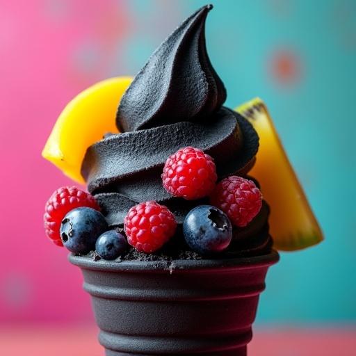 Matte black ice cream with realistic creamy texture served in stylish cone. Topped with bright fruits such as raspberries blueberries kiwi slices and yellow mango chunks. Artistic background with vivid colors including neon pink turquoise and electric yellow. Realistic photography with three-point lighting emphasizing texture and a blurred background.