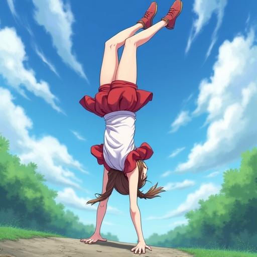 Anime girl performing a backflip in a green outdoor setting under a bright sky. Red outfit and playful expression on her face. Energetic movement captured artfully.