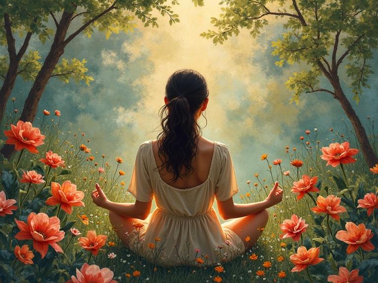 Meditative woman sits in a floral garden surrounded by colorful flowers. The scene evokes peace and contemplation. Artistic style reminiscent of Gauguin. Natural light blooms around her, creating a serene atmosphere.