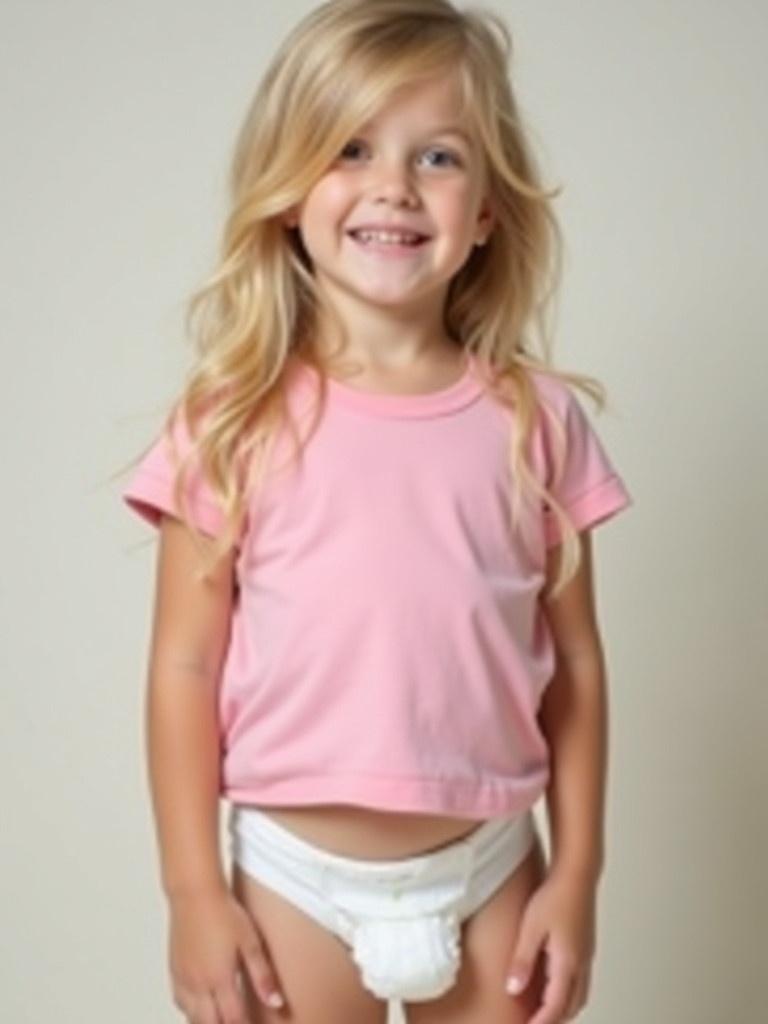 Seven year old girl with long blond hair. She stands in front of a neutral background. She wears a casual pink t-shirt and a disposable diaper. Her expression is sweet and playful.