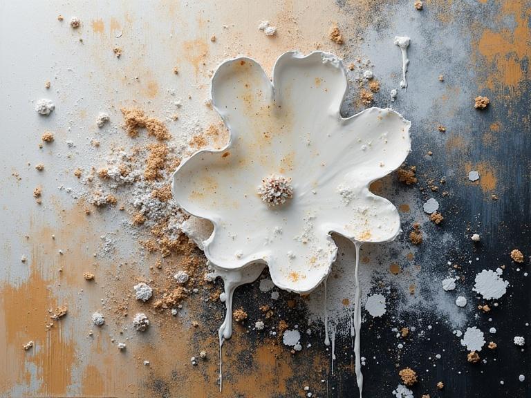 Close up view of a flower bowl. Bowl splattered with white liquid on textured background. Background with sand and glittering elements. Mixed media collage featuring various materials.