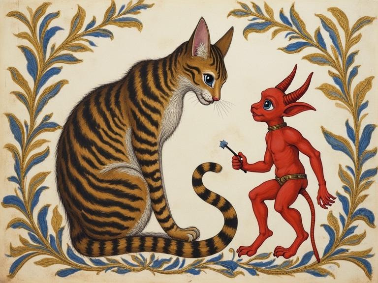 Close-up of an illuminated manuscript margin featuring a large tabby cat alongside a small dancing devil. The composition includes gilded vines and blue acanthus leaves. Artwork from the late 15th century, created using tempera and shell gold on vellum. The drawing showcases fine brown ink outlines with a subtle parchment texture, rendered in a flat medieval perspective. The image is of ultra-high resolution and in a 16:9 aspect ratio.