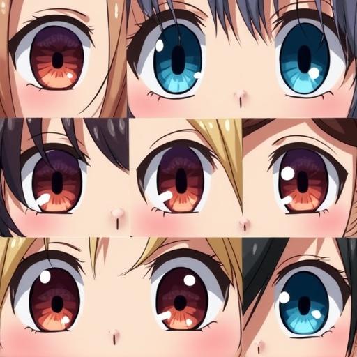 Collection of anime eyes in different styles showcasing diverse colors and shapes. Focus on close-up details of various eye designs.