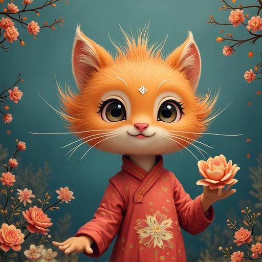 A fluffy orange cat with big eyes smiling and holding a flower. Cat is cute and cartoonish style.