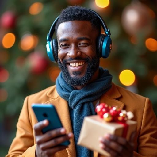 Smiling father figure from Trinidad. Wearing headphones. Holding a wrapped gift in one hand and a phone in the other. Joyful expression. Suggesting winning a gift. Warm and festive atmosphere with blues, golds, and hints of red. Masculine yet celebratory feel for Father's Day.