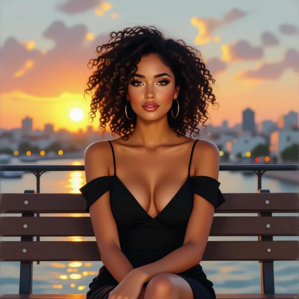 Brunette woman with curly hair sitting on a bench in Tel Aviv. She wears a black dress. Sunset creates a warm glow. Oil painting style. High definition.