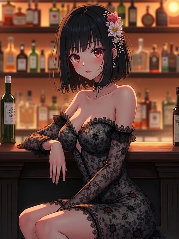 Anime-style woman sits elegantly at a bar counter. Shelves filled with various bottles of alcohol. Wears black and white lace dress with floral patterns. Off-the-shoulder neckline. Soft, flowing fabric accentuates silhouette. Sheer lace sleeves enhance allure. Subtle shimmer in fabric catches light. Large expressive eyes shine under warm lighting. Soft blush highlights delicate features. Dark hair styled beautifully with floral accessories. Cozy vintage-modern aesthetic.