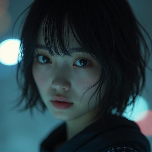 Japanese girl 18 years old with dark short hair in an ultra realistic photo with captivating lightning atmosphere