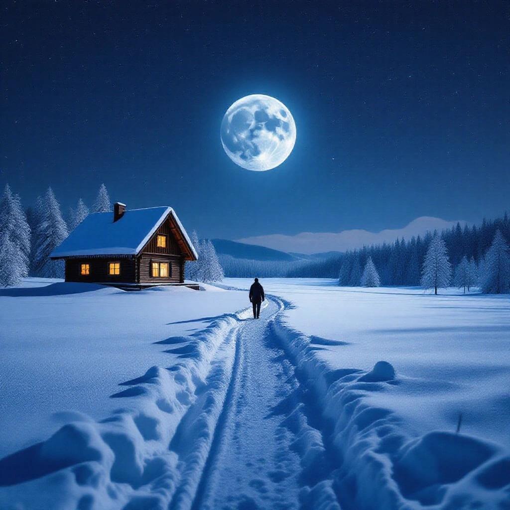 Bright moonlight spills across the ground resembling a frost layer in a winter landscape. A solitary figure walks on a snow-covered path toward a cozy cabin illuminated by warm light.