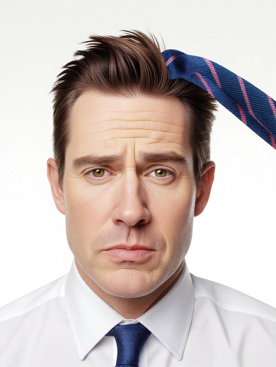A man poses with a tie on his head. He has a serious expression. The background is plain white. His hair is neatly styled. The tie is blue with pink stripes. The man's shirt is white. He has noticeable green eyes.