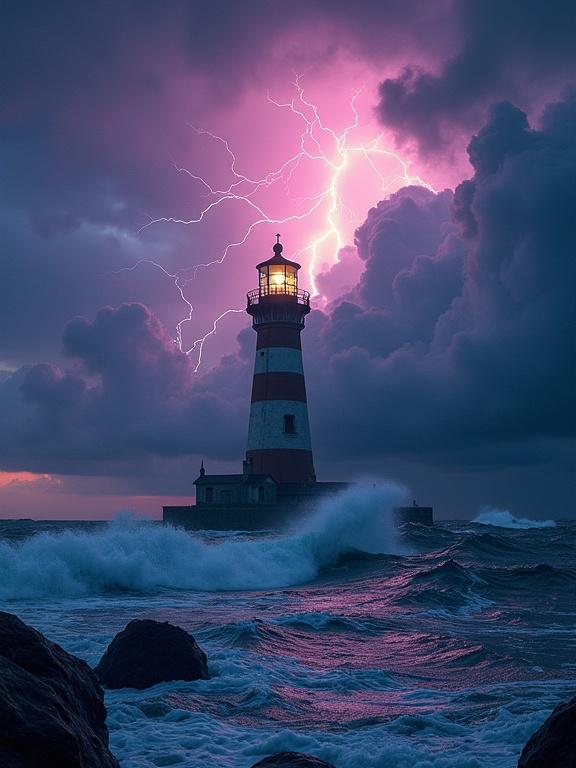 Epic lighthouse surrounded by a colorful lighting storm with forked lightning striking in the sky funnel clouds present and huge ocean waves crashing against the base of the lighthouse vibrant dark colors dominate with electric atmosphere