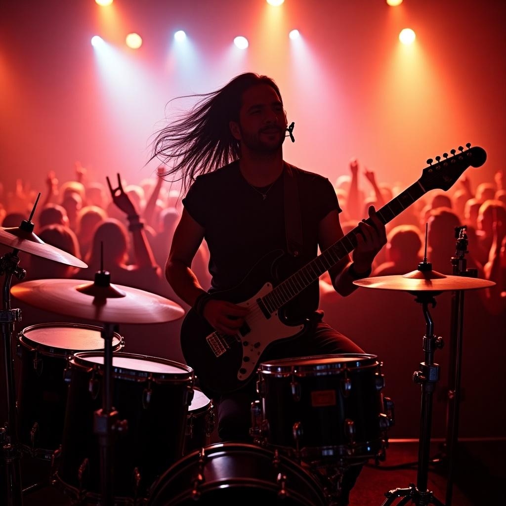 The scene captures a heavy metal drummer with long black hair and distinctive 2-inch earlobes, immersed in a live performance. The drummer plays an electric guitar on stage, exuding energy and passion. Behind him, a crowd of enthusiastic fans can be seen, hands raised in excitement. The stage is illuminated with dramatic lighting, creating a vibrant atmosphere. This image epitomizes the spirit of a live rock concert, filled with music and energy.