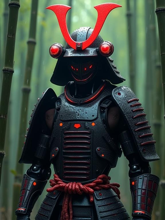 Futuristic samurai android in rain-drenched bamboo forest. Sleek armor plates with glowing helmet crests. Raindrops on surface. Steam rising from joints. Front view portrait. Moody lighting with highlights.
