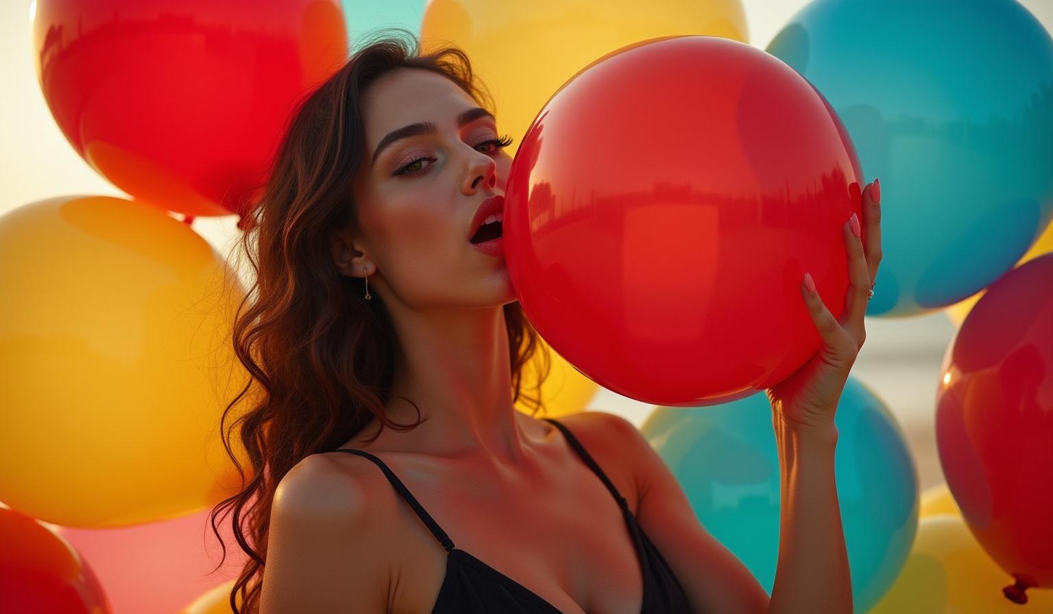 Brunette model in black bikini holds giant latex balloon. Surrounding oversized translucent balloons in red blue yellow. High detail vibrant colors realistic lighting beautiful composition.