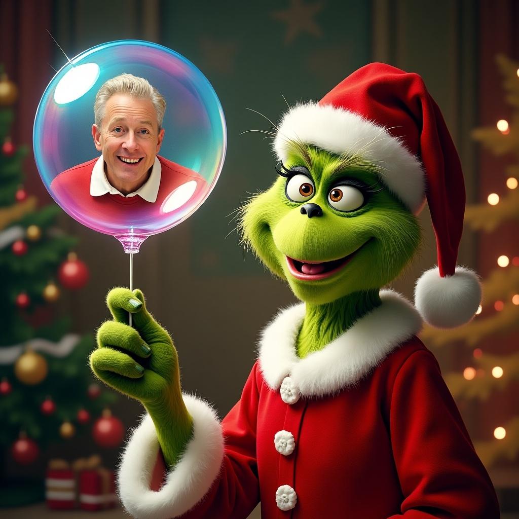 Grinch character dressed in a Christmas outfit holds a large bubble. The setting includes festive decorations and a Christmas tree in the background.