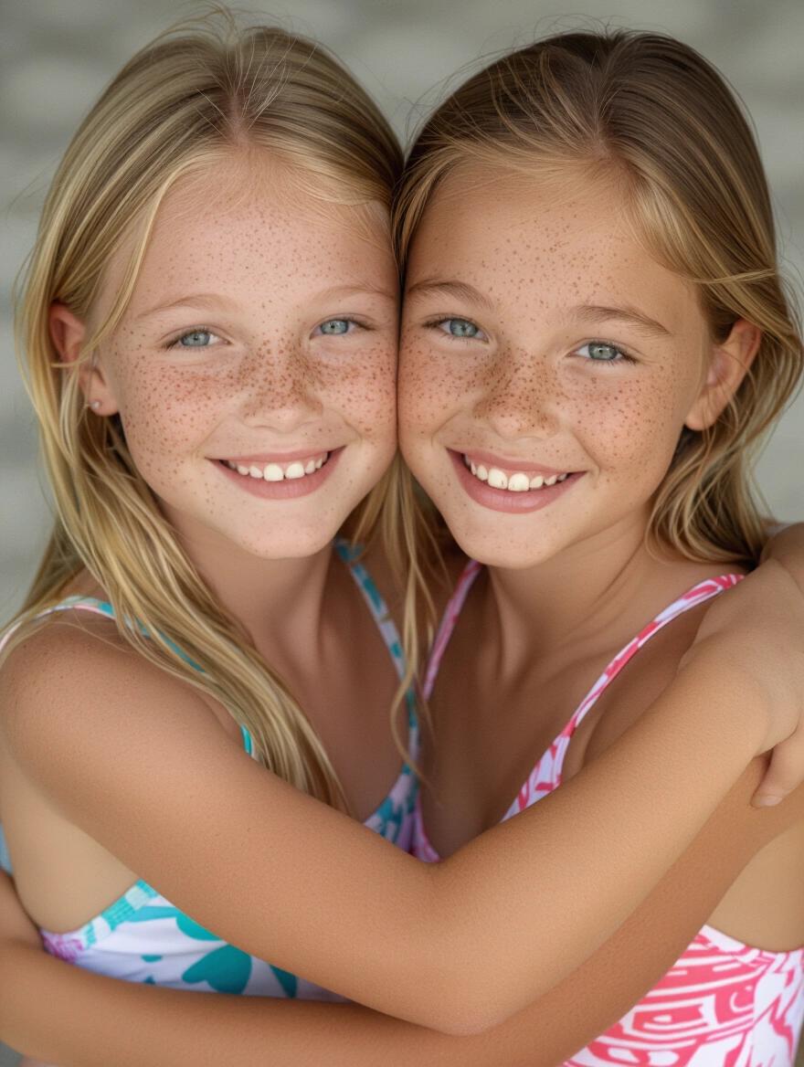 Two girls hug and smile at the camera. One girl has freckles. Both girls have light hair. Background is neutral. Their expressions are warm and friendly. They wear swimsuits.