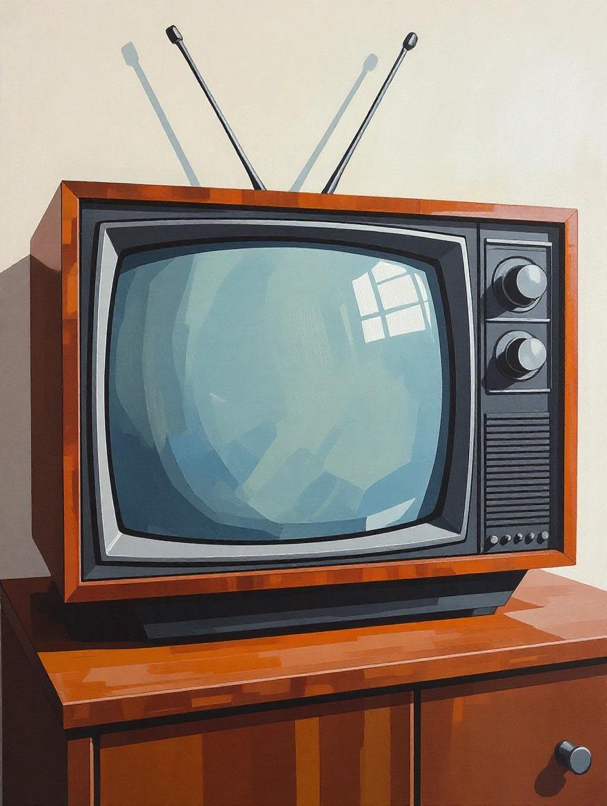 A digital oil painting showing a vintage TV in one point perspective. The perspective is low angle. The TV is close up. The setting provides a retro look.