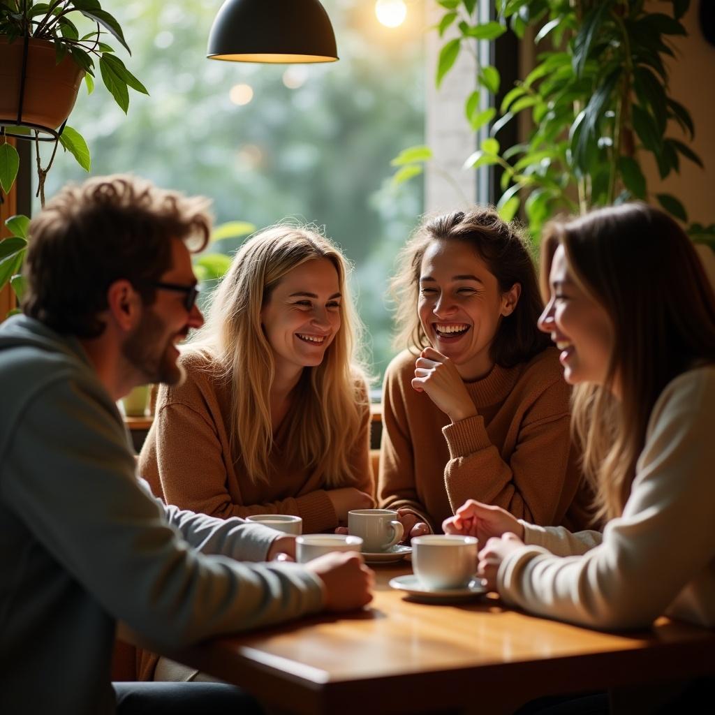 Group of friends seated around a wooden table in a cafe. Natural light and plants create a warm atmosphere. Friends are holding cups and engaged in conversation.