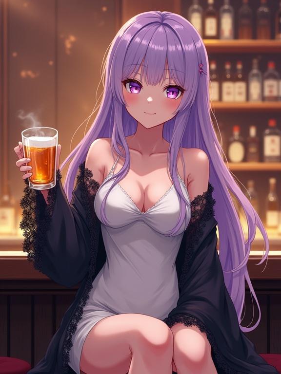 Beautiful semi-anime-style woman inspired by Hitagi Senjougahara at a luxury bar. Long light purple hair and glossy purple eyes. Wearing slightly revealing white dress with sheer black lace robe. Holding foamy glass of beer and smiling seductively. Warm ambient lighting with bottles in the background. High-detail and soft light with a slightly sensual mood. Style of Makoto Shinkai and Yoshitoshi ABe.