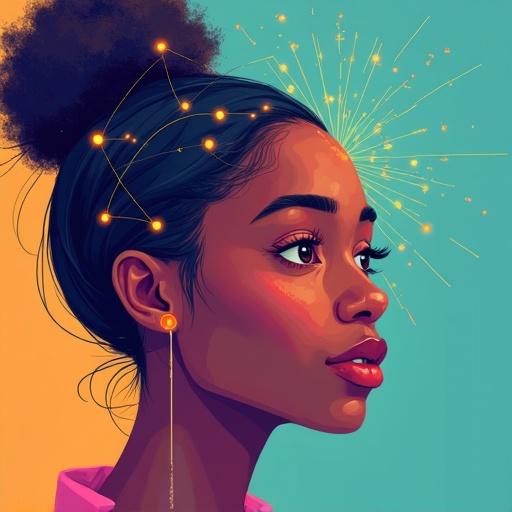 Digital painting illustrating a diverse person looking forward with an engaging expression. Abstract lines and glowing nodes symbolize spreading ideas. Minimal smartphone element in modern, warm colors. Vertical aspect ratio.