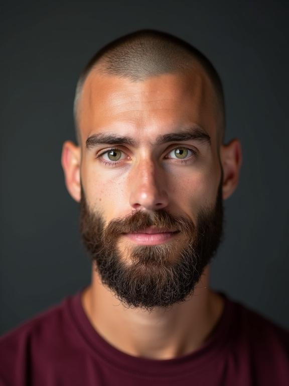 Studio portrait of a young man with green eyes and a well-groomed beard. He has a closely shaved head and is wearing a deep burgundy colored t-shirt. The background is dark, enhancing facial features.