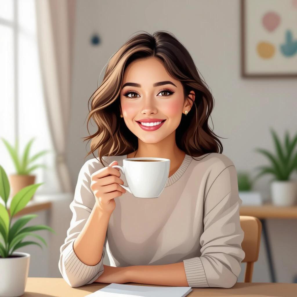 A woman holds a white cup while sitting at a wooden table. Simple drawing conveys cozy interior vibes. Soft light and plants are in the background.