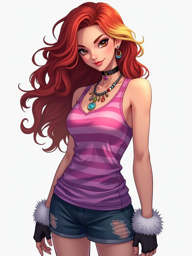 Digital illustration of a character inspired by Arcane from League of Legends. Young woman with long curly hair, red with a blonde streak. Brown eyes. Wearing a casual pink and purple striped T-shirt. Skirt is dark blue and ripped. White furry wrist bracelets. Necklace with various charms. Fingerless gloves. Displays confidence and striking makeup.