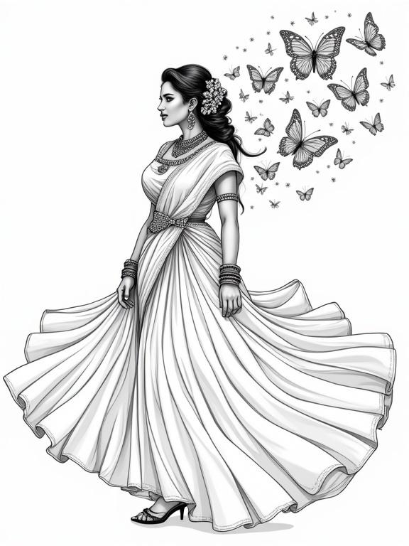 Bird's-eye view of a full-body line art illustration of a bold and curvy young Indian bride with brunette hair wearing an elegant hairstyle. She wears flowing bridal fabrics that swirl around her. Butterflies dance around her head. The artwork is detailed and artistic.