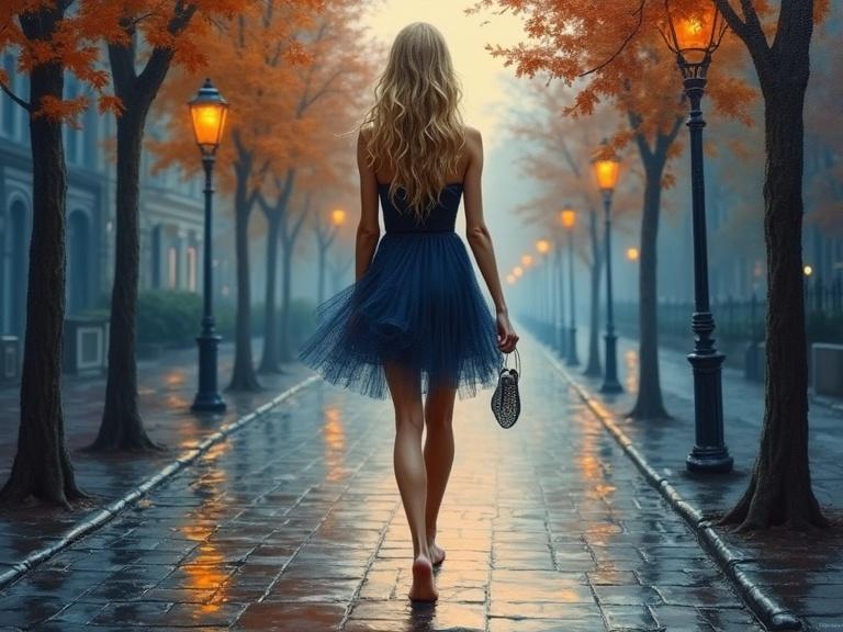 A hyper-realistic impressionist oil painting depicting a young woman on a cobblestone street. She walks barefoot at dusk. She holds glass slippers. Long golden hair flows over her shoulders. She wears a translucent silk dress in deep midnight blue. The ground reflects light like a mirror. Autumn trees with glowing orange leaves frame the scene. The painting has heavy texture and atmospheric lighting.