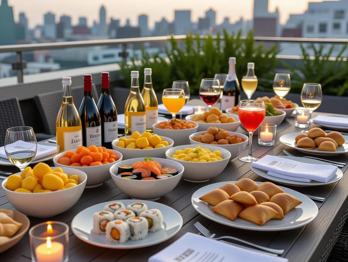 Luxury party table setup on a rooftop terrace. Assorted snacks in clean bowls. Labeled soda bottles and cocktail glasses with garnishes. Sushi sliders mini samosas and fusion finger food present. Elegant plates and linen napkins are used. Wine bottles have visible labels. Candles light the scene. Soft ambient reflections create a warm atmosphere. Ultra-sharp focus is maintained. Photorealistic texture demonstrates premium food styling.
