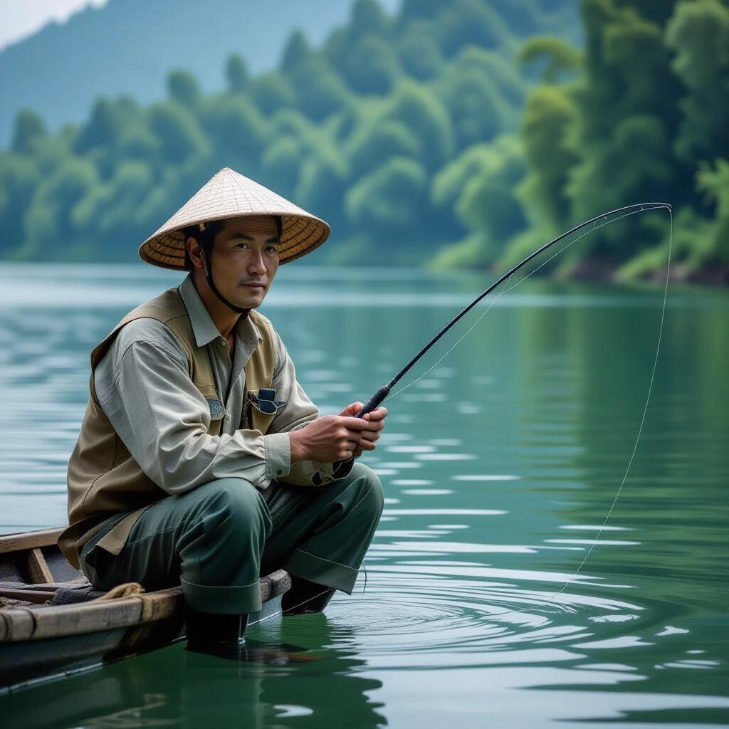 A Chinese person is fishing on a calm lake. The scene is tranquil with lush greenery in the background. The fisherman sits in a boat, focused on the fishing process.
